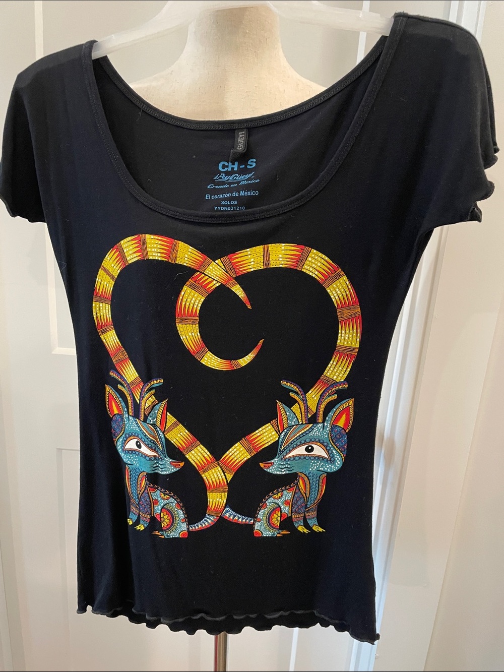 Black Graphic Tee with Colorful Fox Heart